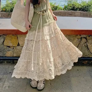 Retro Vacation Style Crocheted Hollow Beige Maxi Skirt