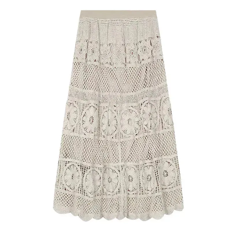 Retro Vacation Style Crocheted Hollow Beige Maxi Skirt