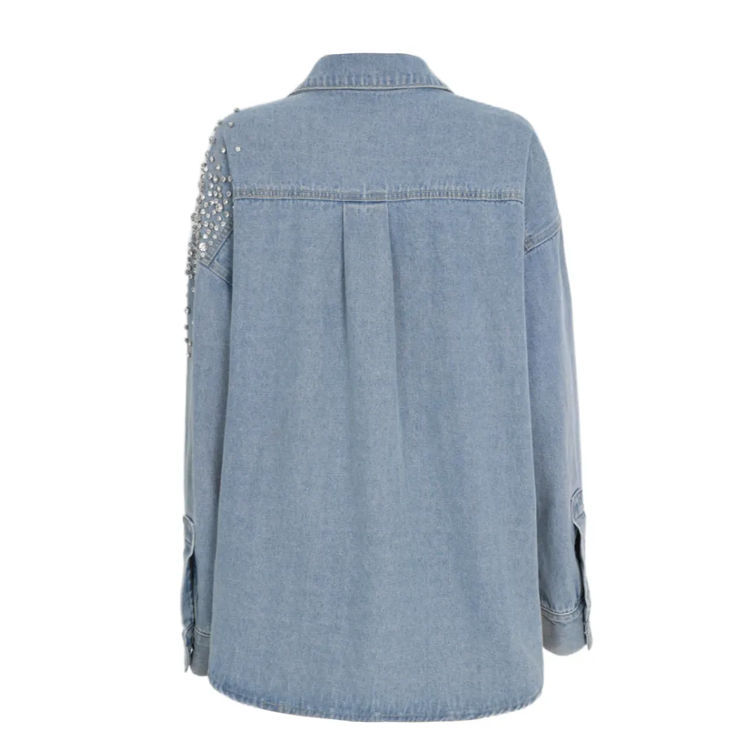 Rhinestone Embellished Button Down Denim Top