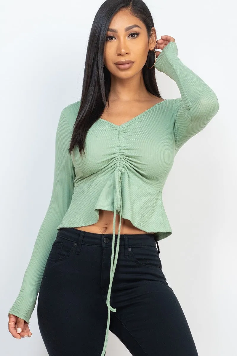 Ribbed Drawstring Front Long Sleeve Peplum Top