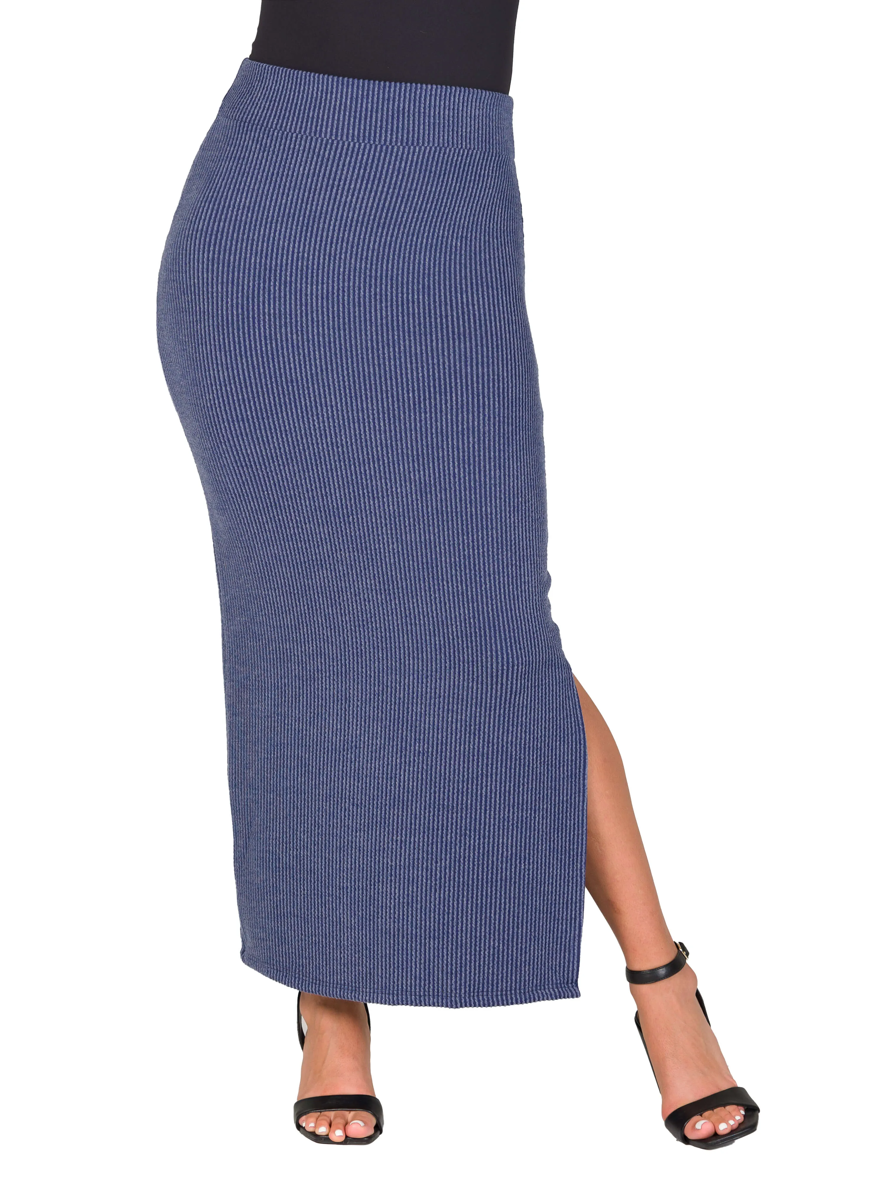 Ribbed Knit Side Slit Elastic Waist Maxi Skirt