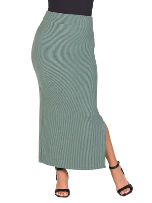 Ribbed Knit Side Slit Elastic Waist Maxi Skirt