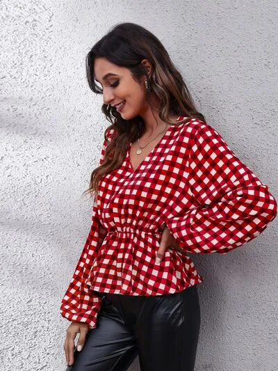 Rikki Plaid V-Neck Balloon Sleeve Peplum Blouse