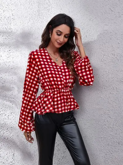 Rikki Plaid V-Neck Balloon Sleeve Peplum Blouse