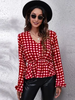 Rikki Plaid V-Neck Balloon Sleeve Peplum Blouse