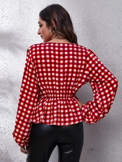 Rikki Plaid V-Neck Balloon Sleeve Peplum Blouse