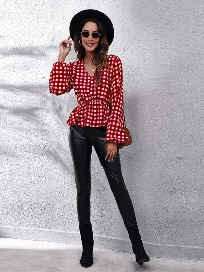 Rikki Plaid V-Neck Balloon Sleeve Peplum Blouse