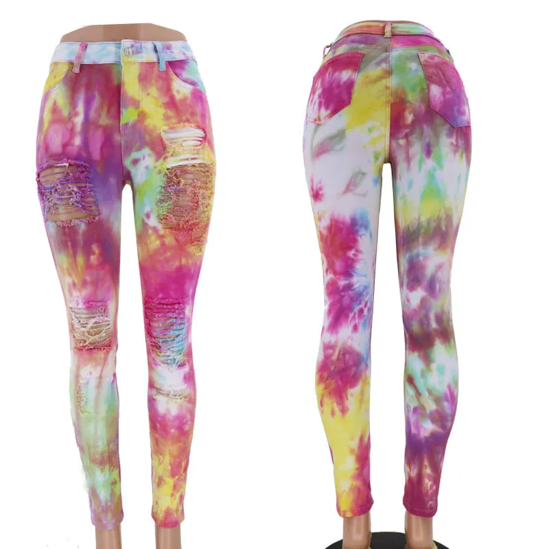 Ripped Jeans Tie-dye Printed Jeans Destroyed Jeans Pencil Pants