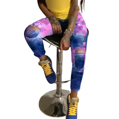 Ripped Jeans Tie-dye Printed Jeans Destroyed Jeans Pencil Pants