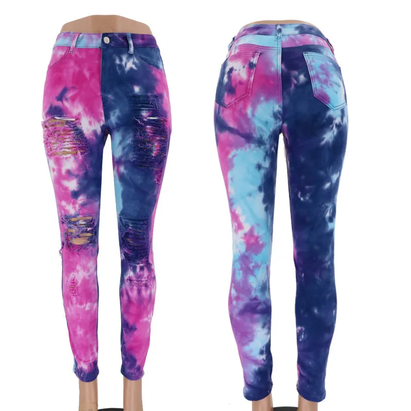 Ripped Jeans Tie-dye Printed Jeans Destroyed Jeans Pencil Pants