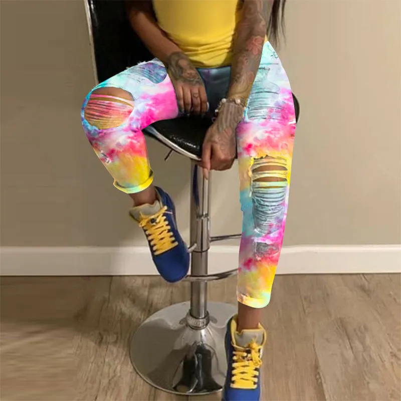 Ripped Jeans Tie-dye Printed Jeans Destroyed Jeans Pencil Pants