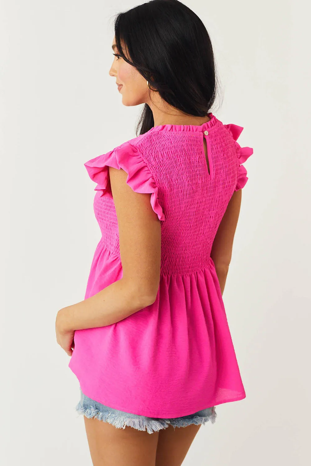 Rose Smocked Ruffle Flutter Sleeve Peplum Blouse