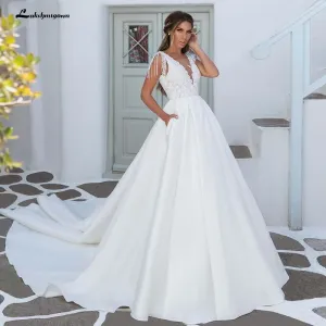 Roycebridal V-Neck A Line Satin Wedding Dresses Elegant Appliques