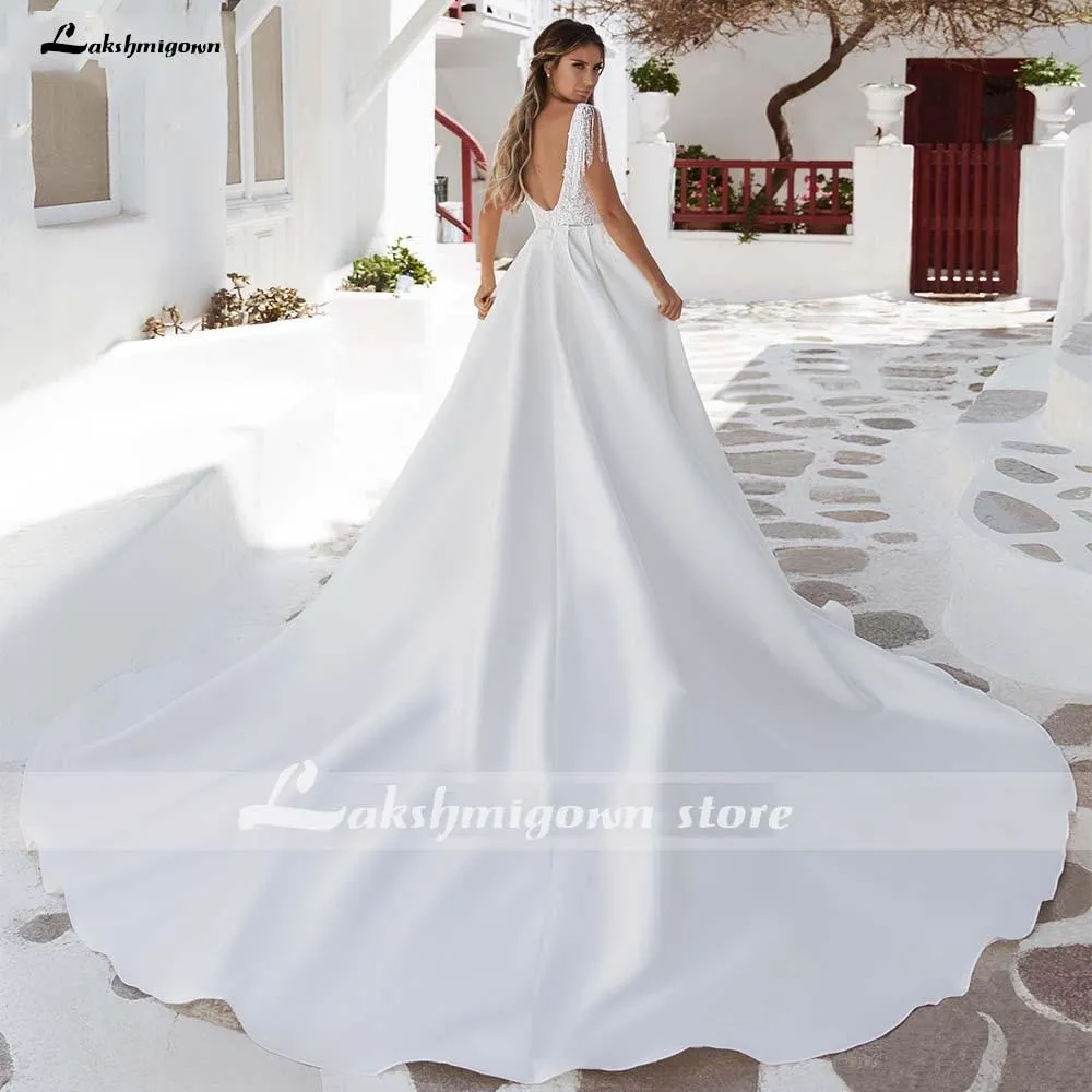 Roycebridal V-Neck A Line Satin Wedding Dresses Elegant Appliques
