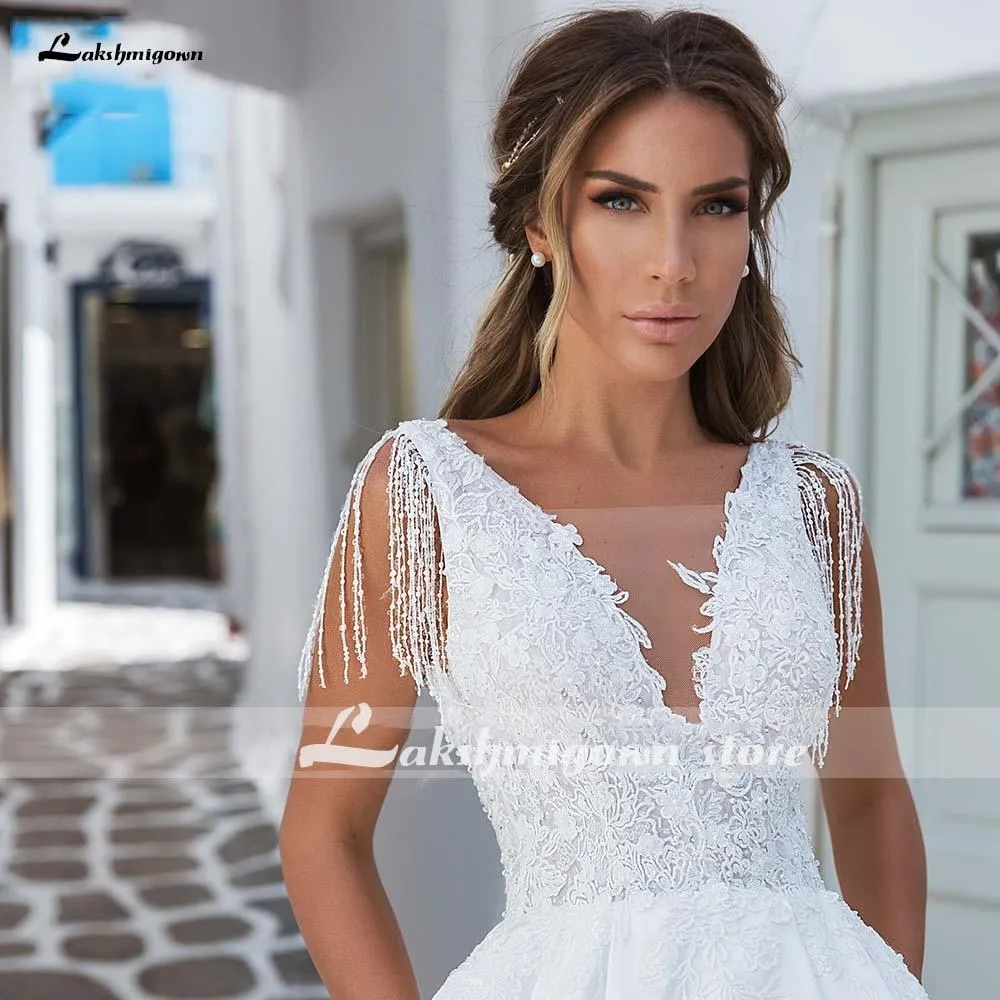 Roycebridal V-Neck A Line Satin Wedding Dresses Elegant Appliques