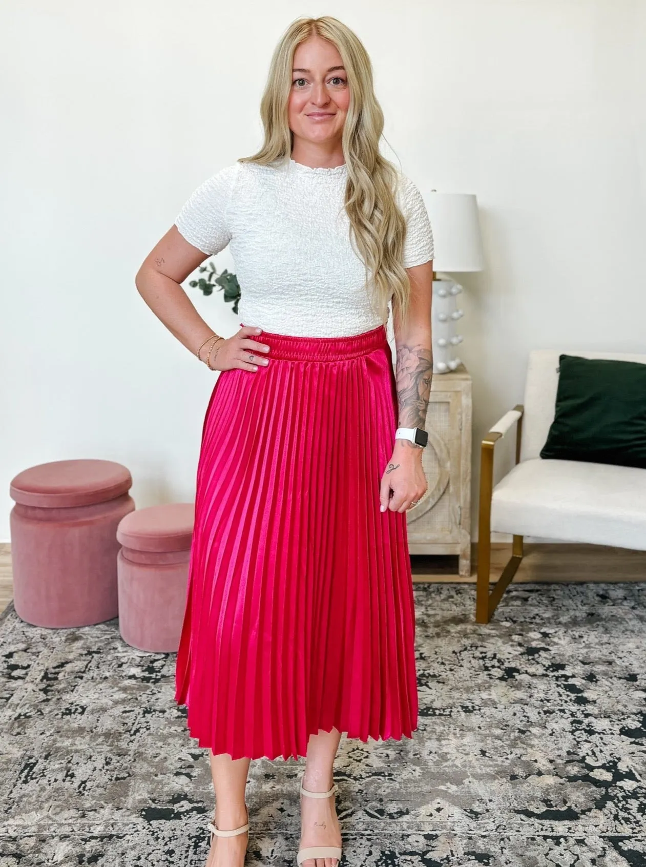 Satin Pleated Maxi Skirt in Fuchsia