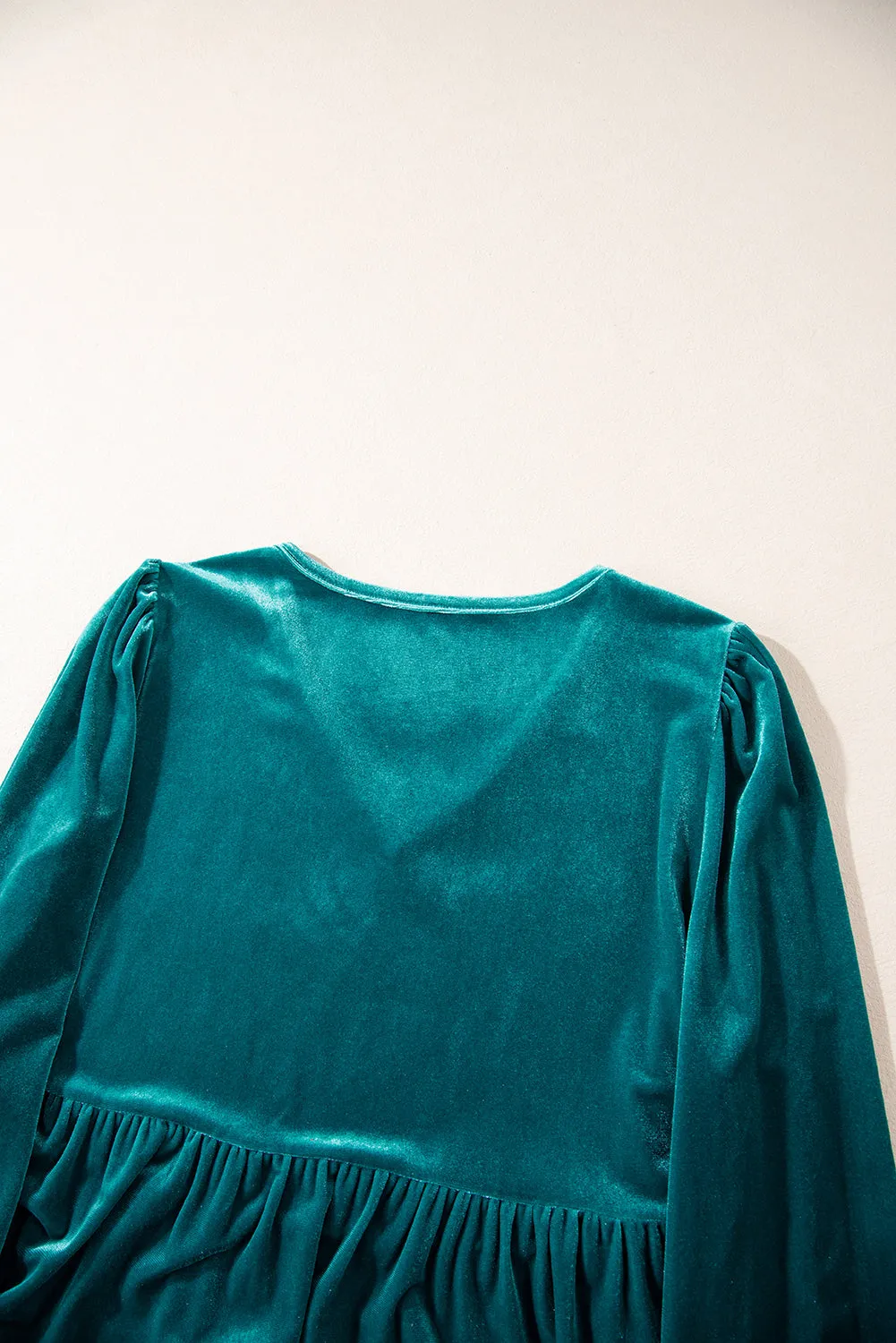 Sea Green Velvet V Neck Peplum Hem Puff Sleeve Blouse