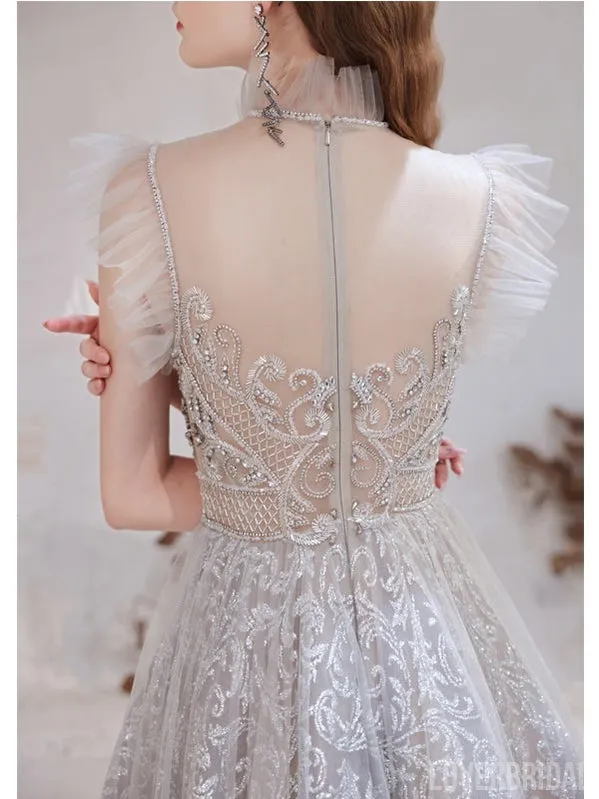 See Through Grey A-line Illusion Spaghetti Straps Long Prom Dresses Online,12565