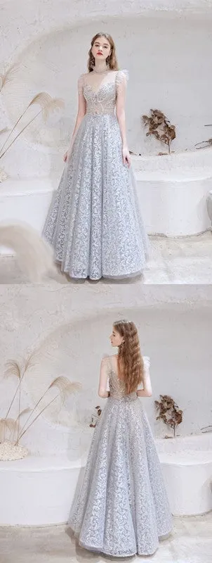 See Through Grey A-line Illusion Spaghetti Straps Long Prom Dresses Online,12565