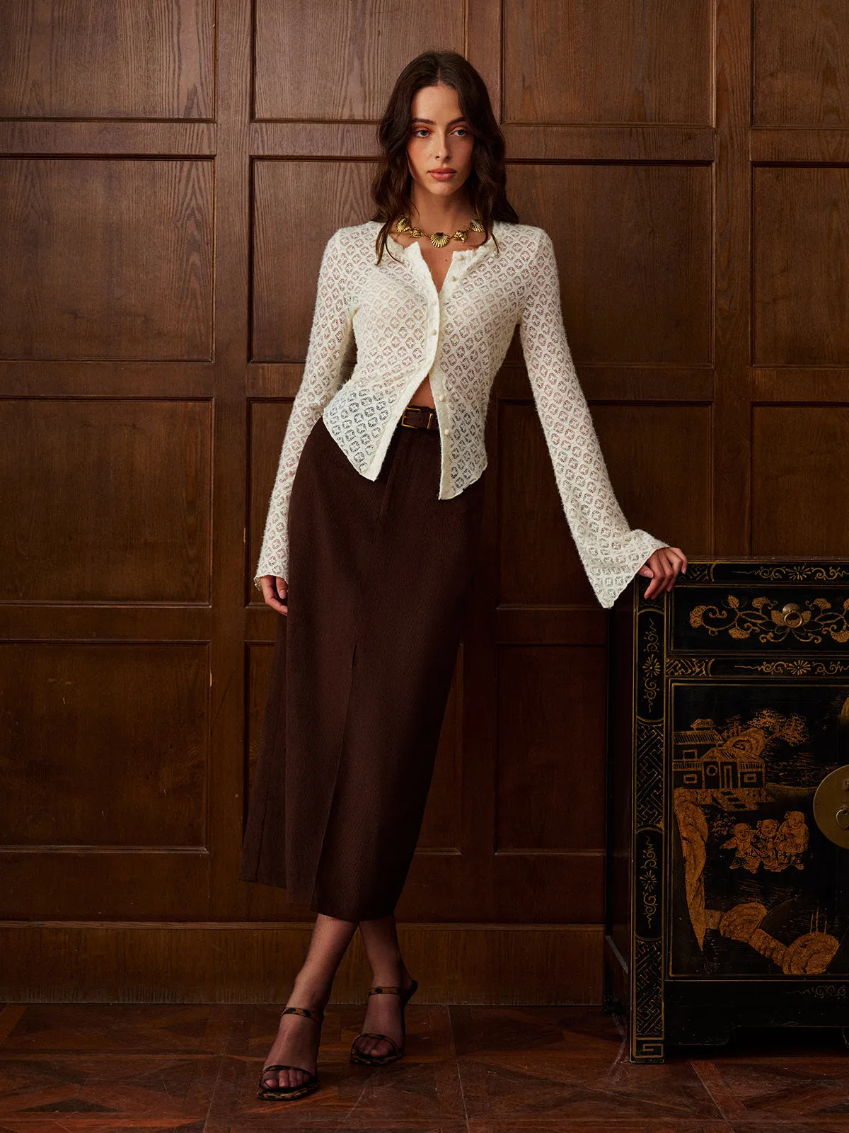 Semi-Sheer Bell Sleeve Button Down Slim Blouse