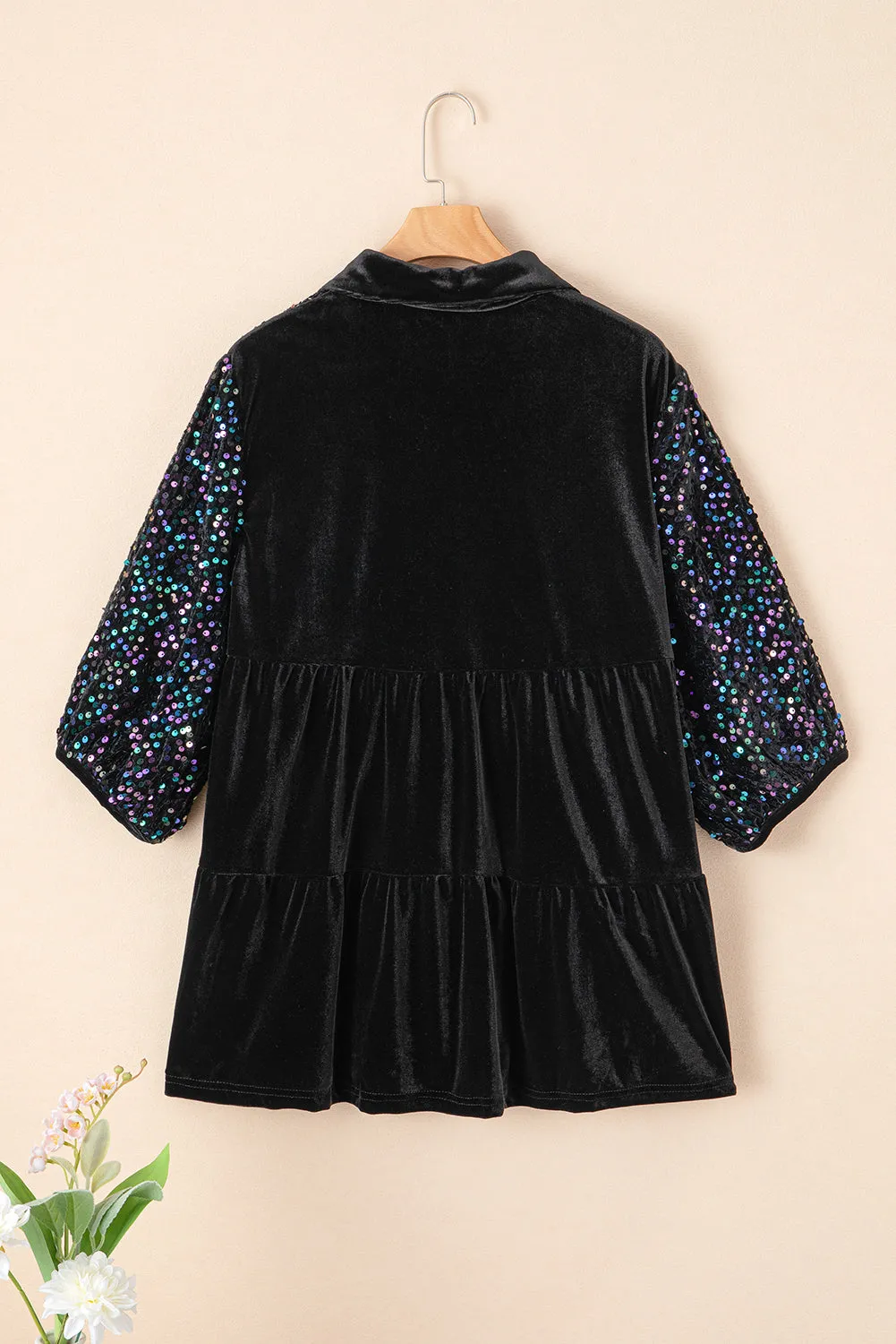 Sequin Buttoned Velvet Peplum Shirt