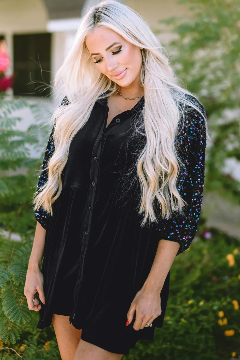 Sequin Buttoned Velvet Peplum Shirt