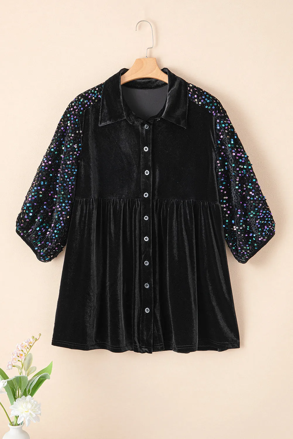 Sequin Buttoned Velvet Peplum Shirt