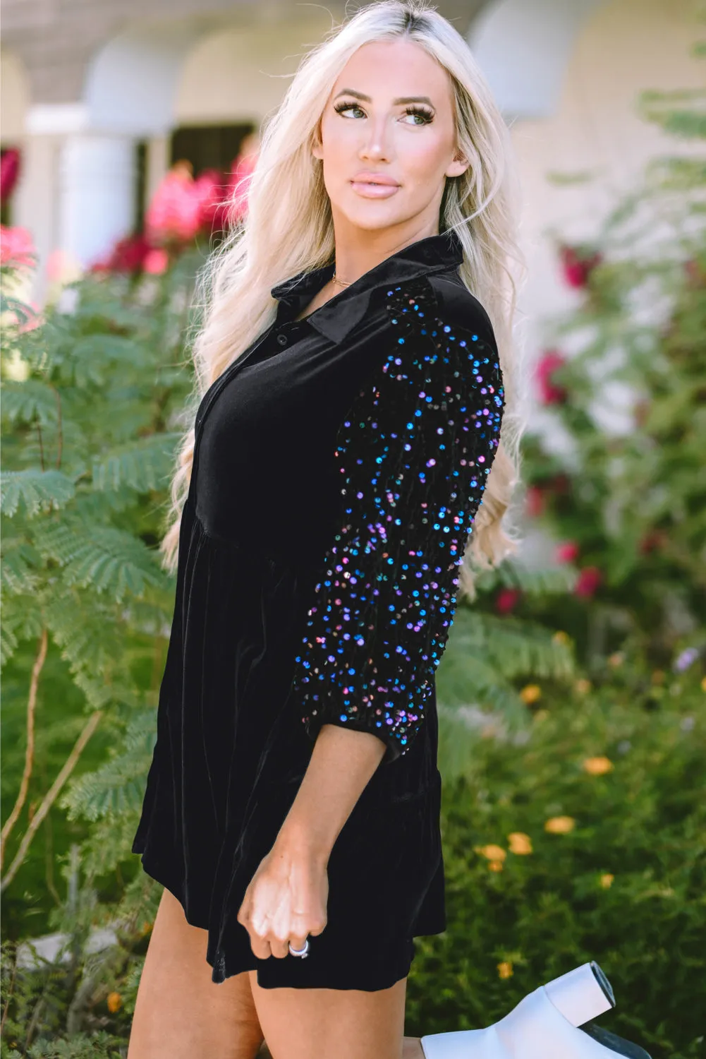 Sequin Buttoned Velvet Peplum Shirt