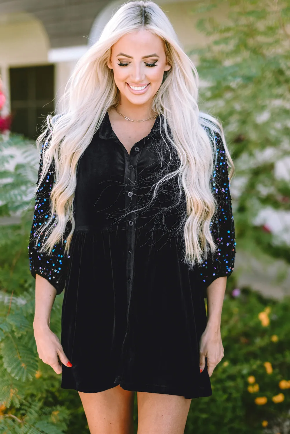 Sequin Buttoned Velvet Peplum Shirt