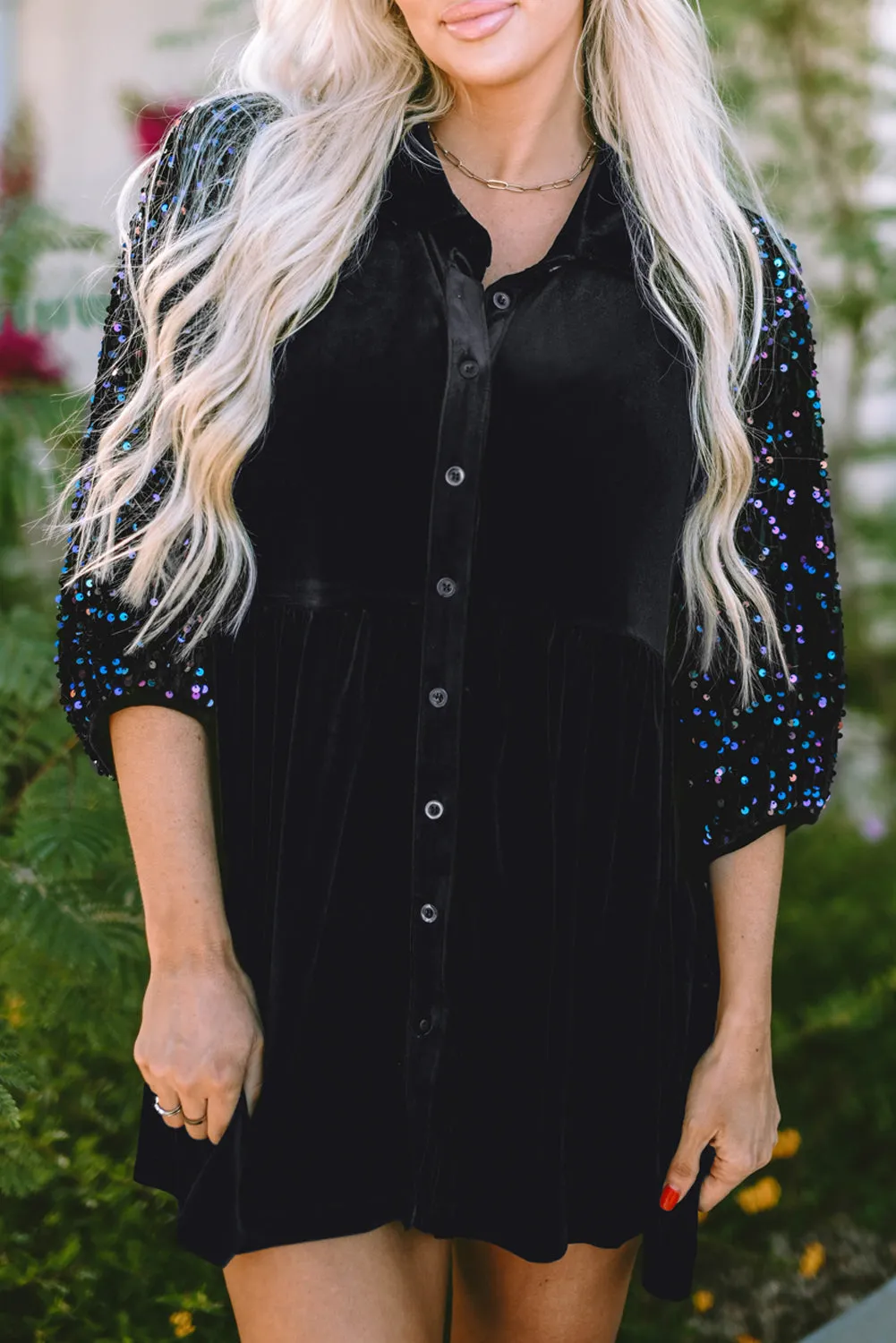 Sequin Buttoned Velvet Peplum Shirt