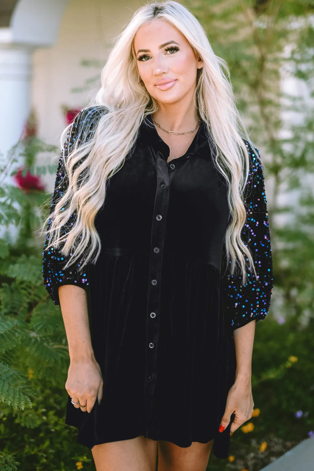 Sequin Buttoned Velvet Peplum Shirt