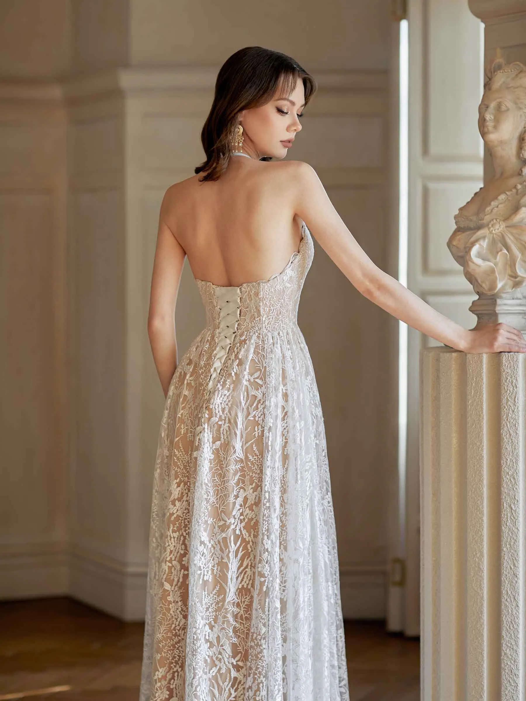 Sexy A-line Halter Champagne Handmade Lace Wedding Dresses,WD801