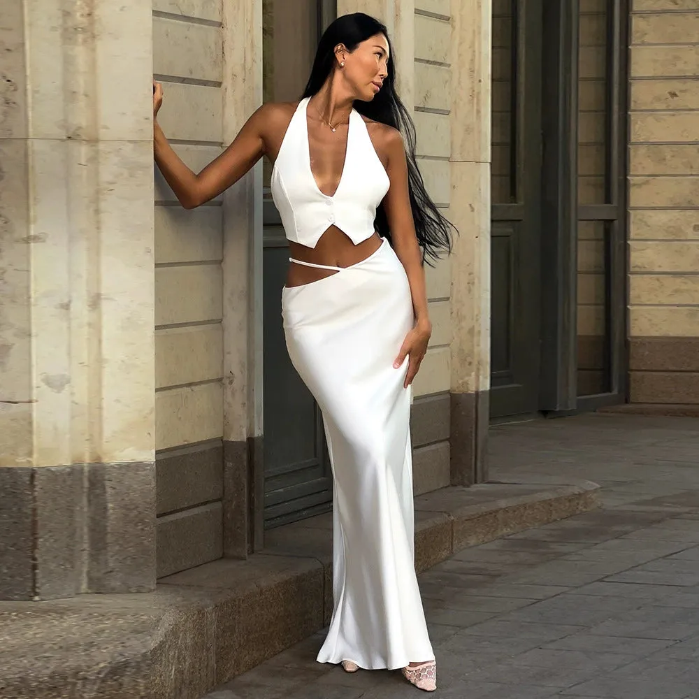silk crop top maxi skirts 2 pieces sets in white