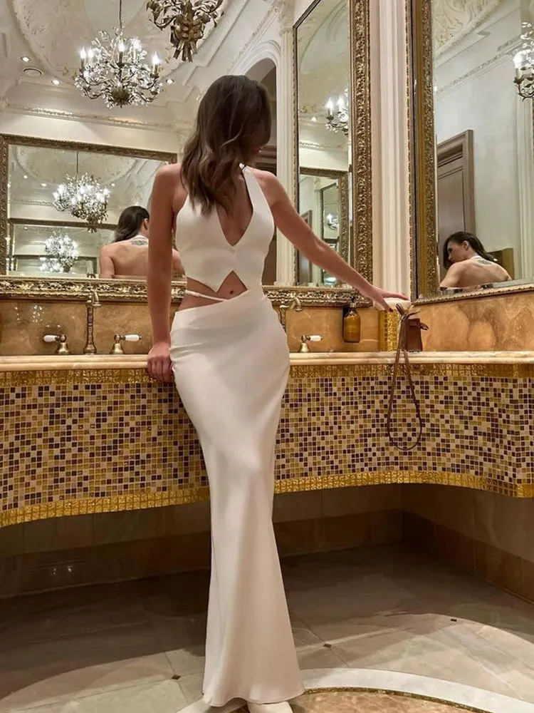silk crop top maxi skirts 2 pieces sets in white
