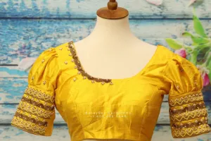 Silk Saree Blouse | Silk Blouse | puff Sleeve Blouse | yellow Saree Blouse | Stitched Saree Blouse | Honeybee Handlooms