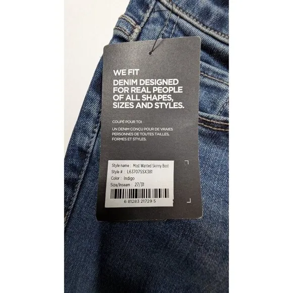 Silver Jeans Co. Most Wanted Universal Fit Mid Rise Skinny Boot Jeans W27L31 NWT