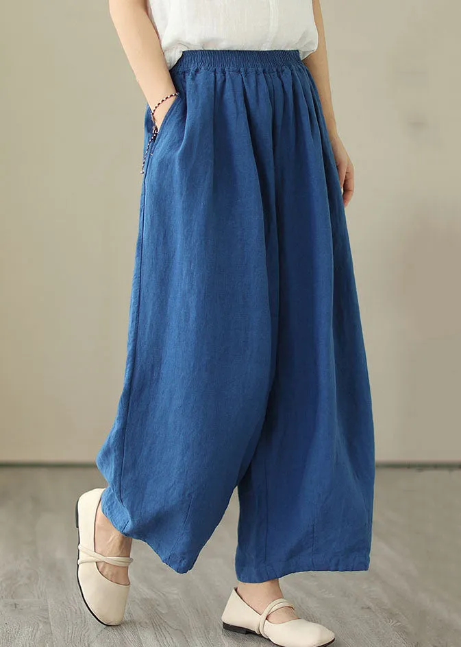 Simple Blue Wrinkled Pockets Elastic Waist Patchwork Linen Skirt Summer