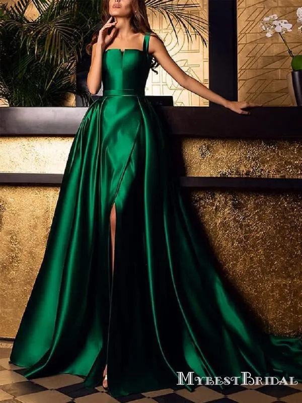 Simple Charming Square Strapless Green Satin A-line Long Cheap Prom Dresses With Side Slit, PDS0002