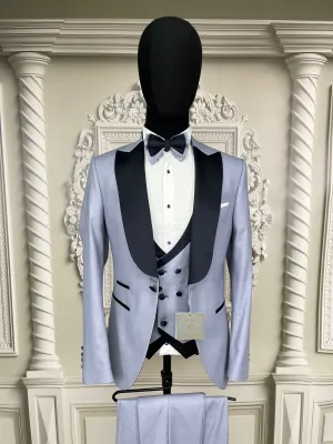 Single button three piece men's Suit with contrasting black velvet lapel, matching bow tie and Black Pants
