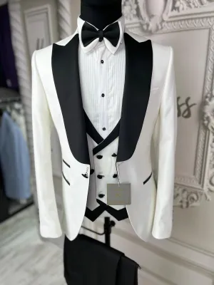 Single Button Three Pieces Tuxedo Suit with Black Satin Lapel, Contrasting black vest and black dress pants.