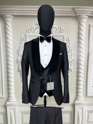 Single Button Three Pieces Tuxedo Suit with Contrasting Black Satin Lapel, matching bow tie and Black Pants