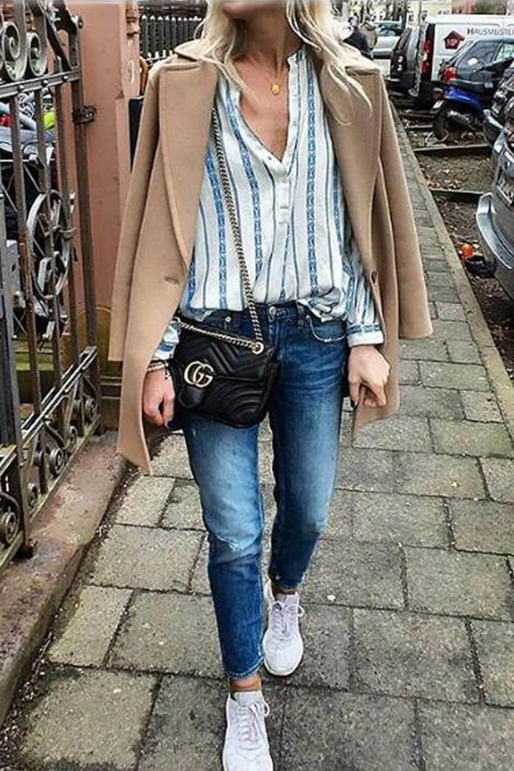 Sky Blue V Neck Striped Button Down Blouse