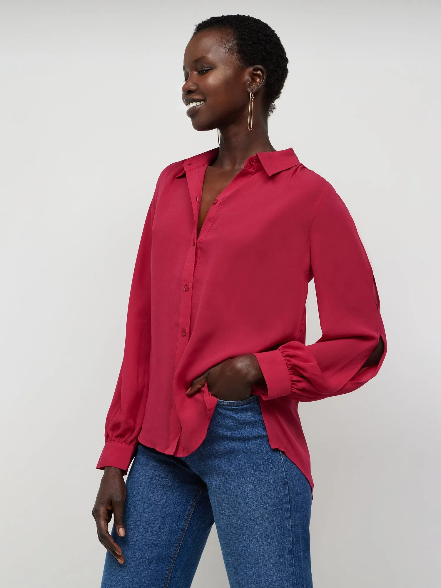 Slit-Sleeve Button-Down Blouse