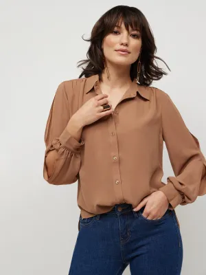 Slit-Sleeve Button-Down Blouse