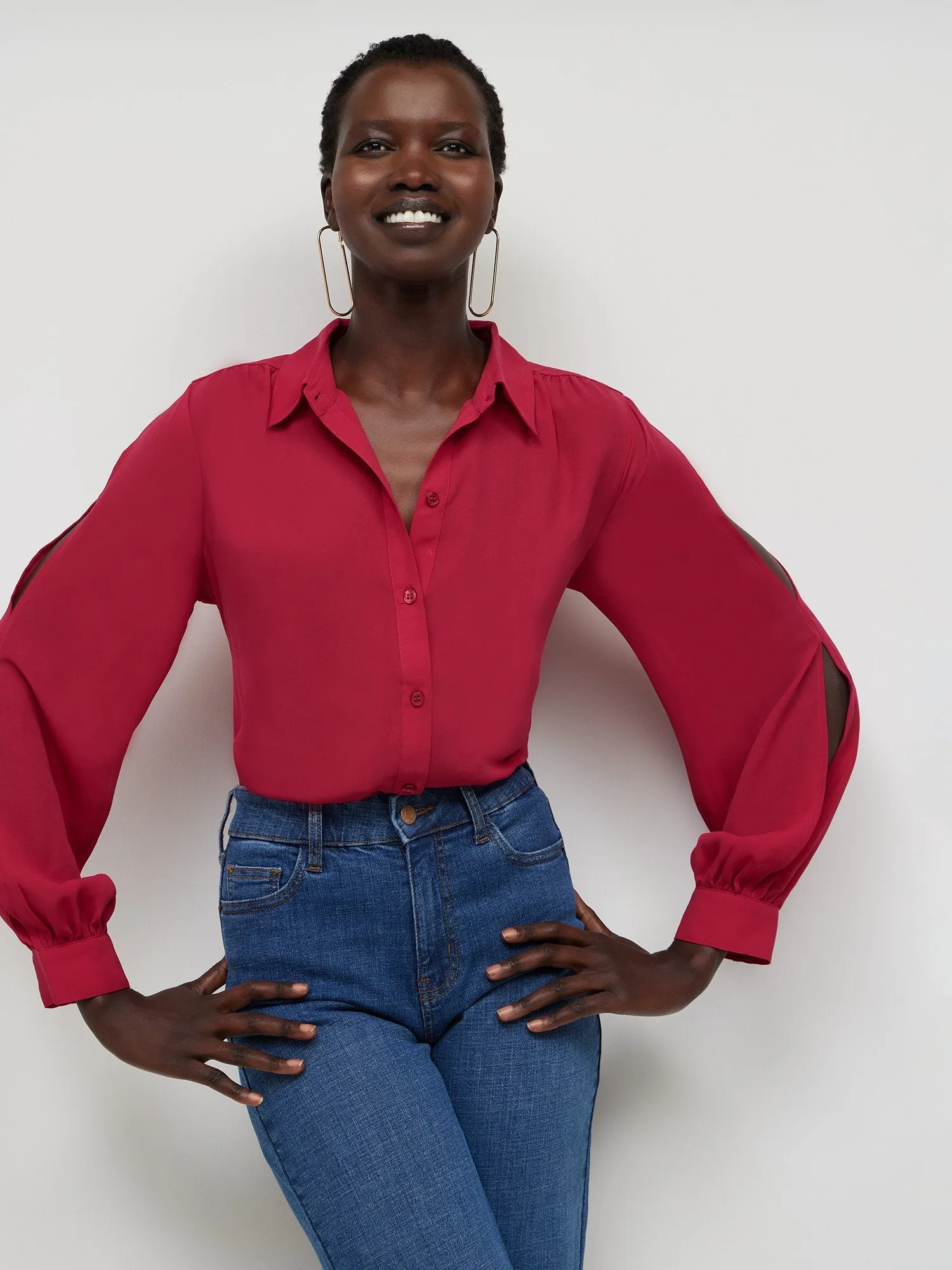 Slit-Sleeve Button-Down Blouse
