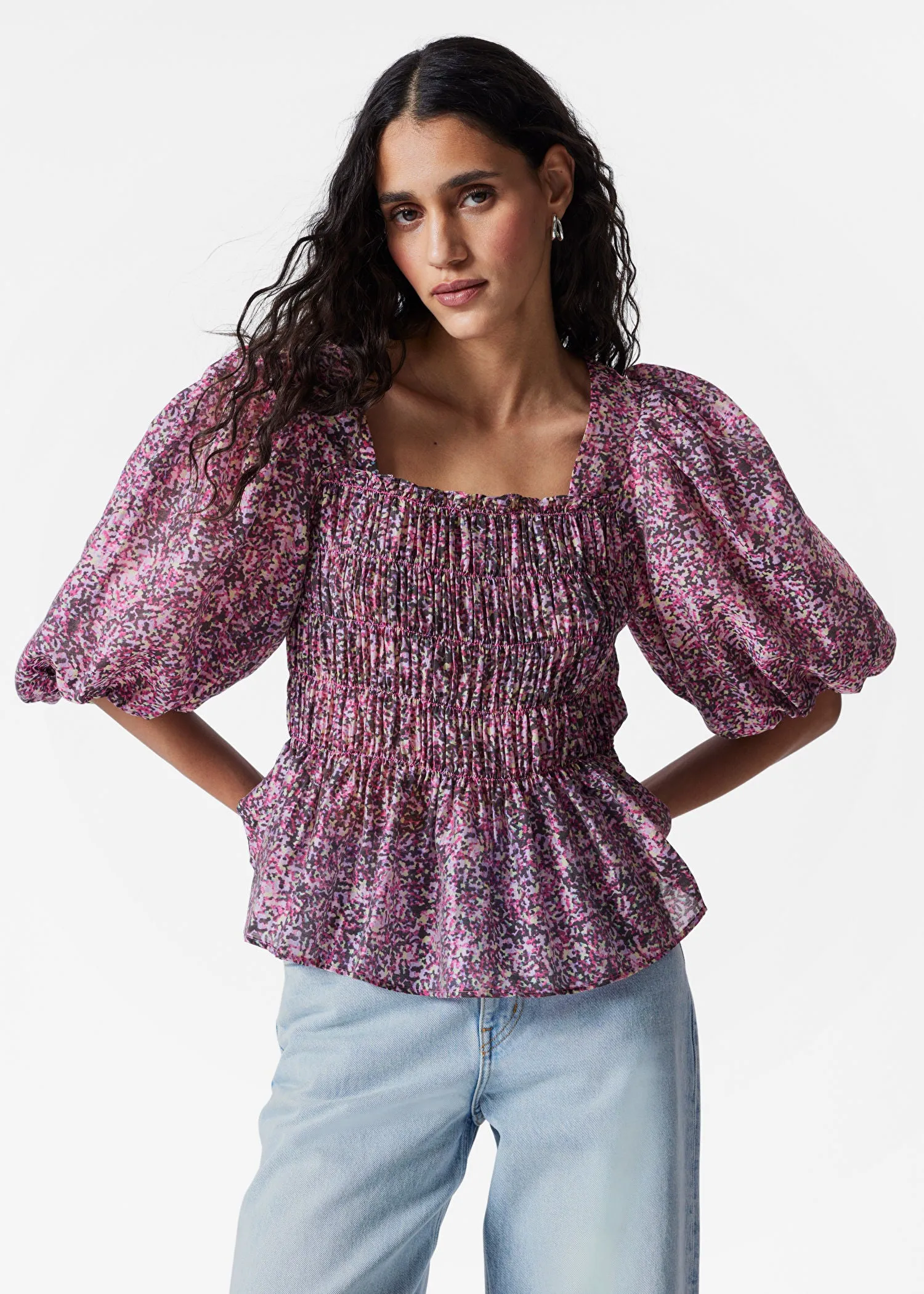 Smocked Puff-Sleeve Blouse
