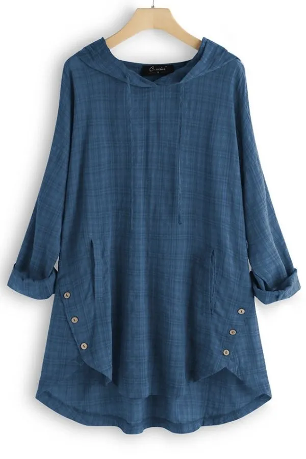 Solid Color Cambric Button Blouse with Hood