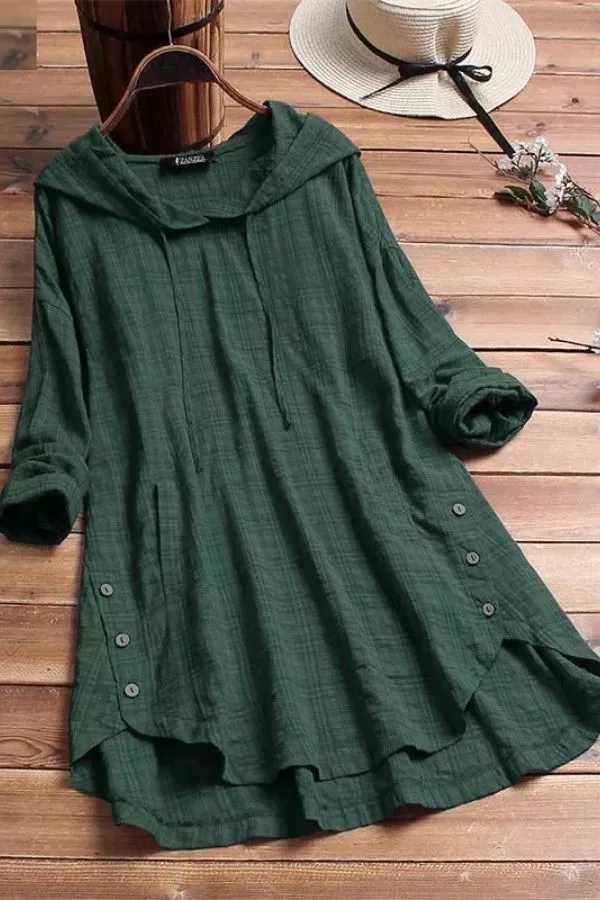 Solid Color Cambric Button Blouse with Hood