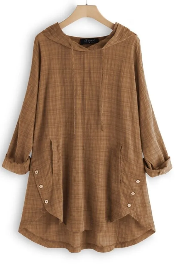 Solid Color Cambric Button Blouse with Hood