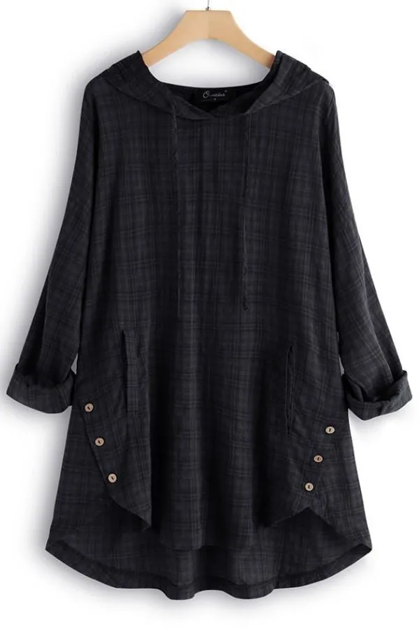 Solid Color Cambric Button Blouse with Hood
